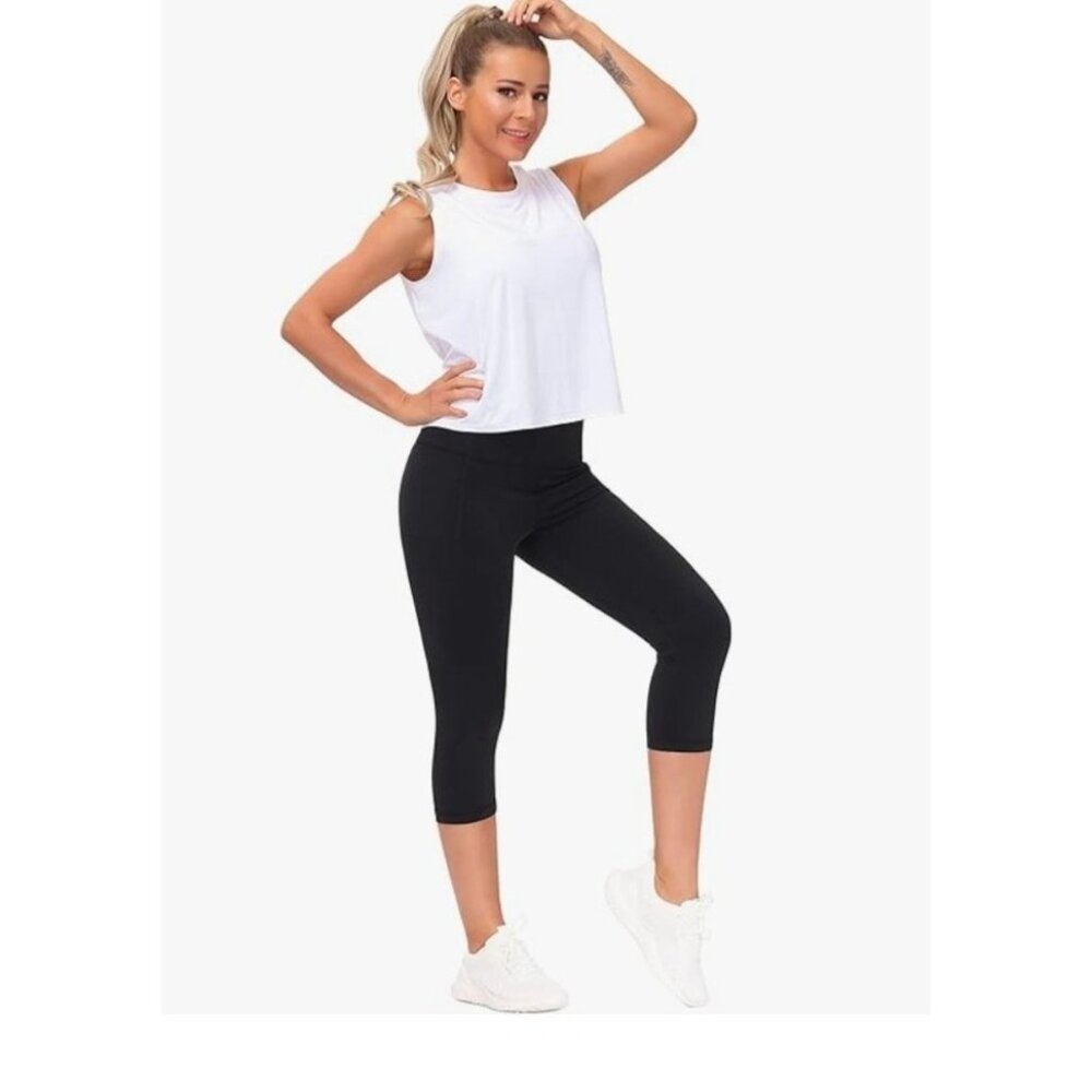 Gym People Womens 2XL High-Waisted Black Capri Leggings Side Pockets Workout